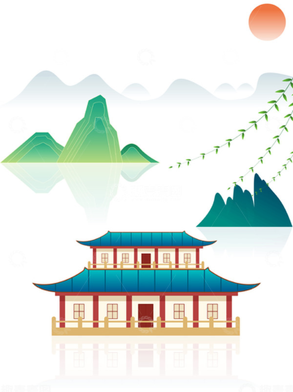 源文件下载【趣麦麦图】国潮风古建筑楼台山水柳叶组合场景