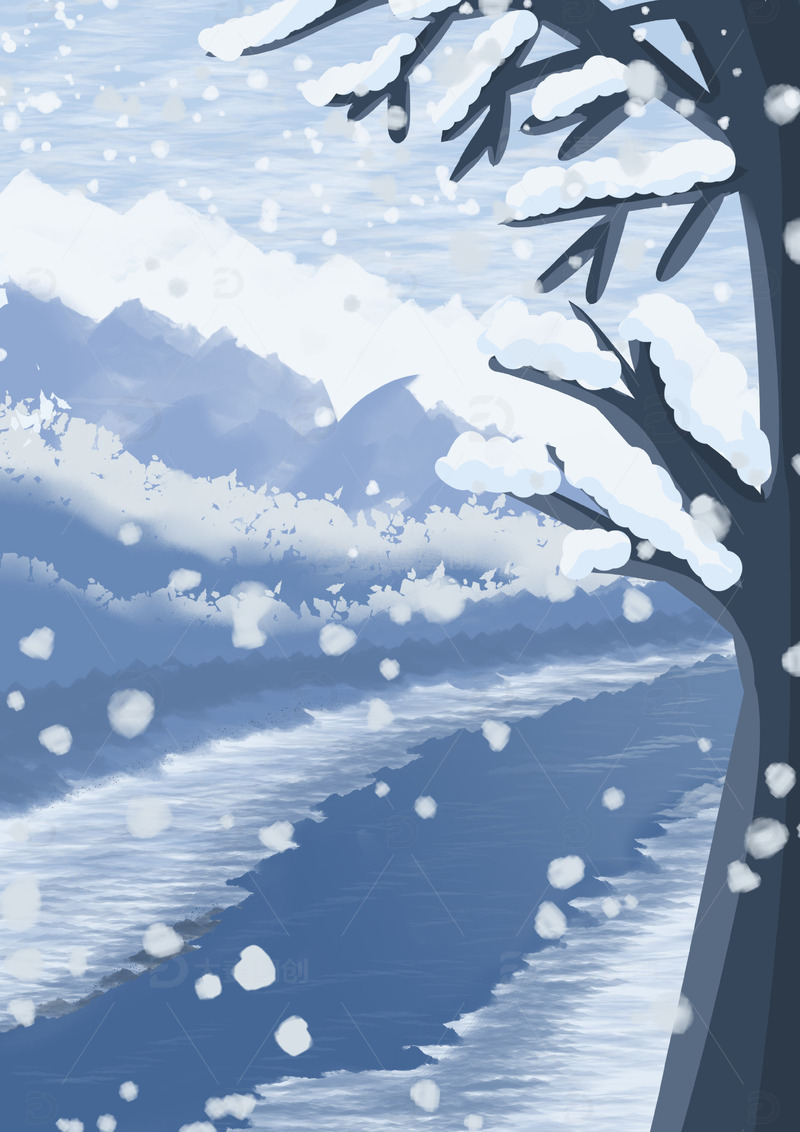 源文件下载【趣麦麦图】蓝色24节气扁平肌理立冬小雪插画