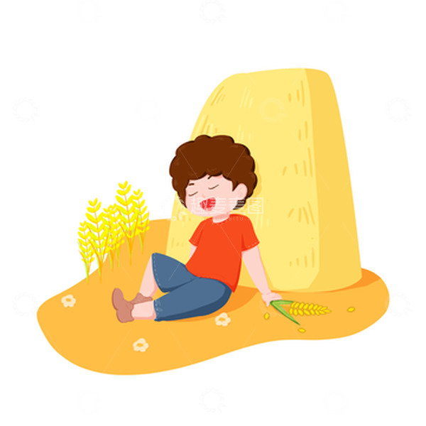 源文件下载【趣麦麦图】秋分男孩休闲背靠谷堆憩息
