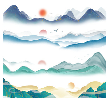 中国风国潮远山夕阳国庆重阳节气手绘元素