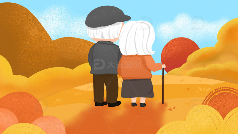 卡通手绘互相依偎的老人重阳节手绘背景