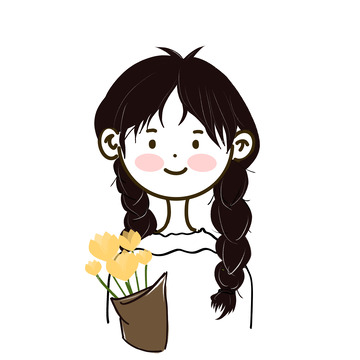 麻花辫女孩糖豆风格手绘卡通插画图