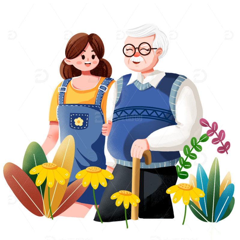 孙女搀扶爷爷散步重阳节陪伴老人手绘图