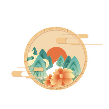 矢量手绘重阳节山水菊花边框装饰元素