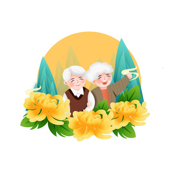 矢量手绘重阳节老人登山装饰元素