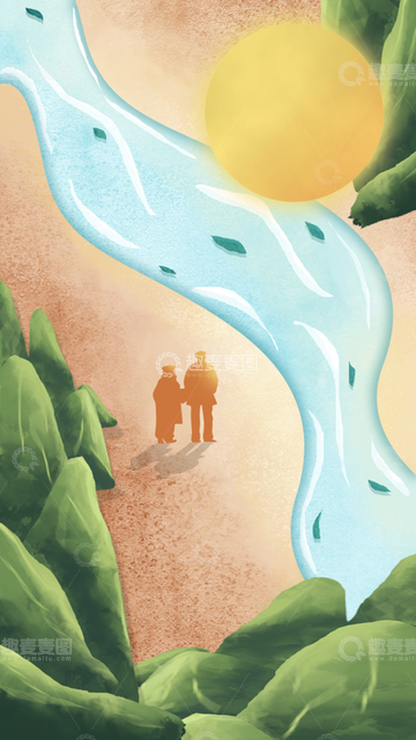 源文件下载【趣麦麦图】重阳敬老关爱老人手绘插画海报背景