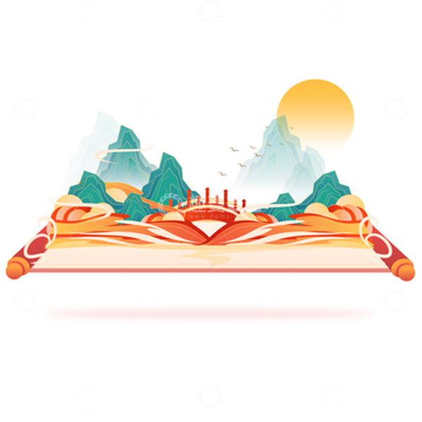 源文件下载【趣麦麦图】-中国风国潮卷轴古建筑拱桥装饰插画