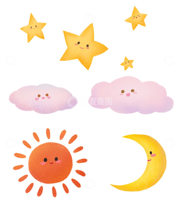 源文件下载【趣麦麦图】黄色扁平噪点风星星云朵太阳月亮天空元素