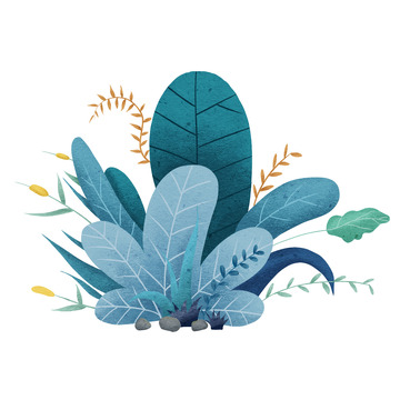 蓝绿色小清新草丛手绘插画