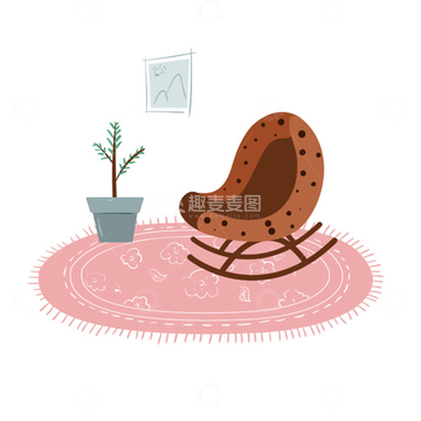 源文件下载【趣麦麦图】粉红温馨室内一角摇摇椅盆栽挂画矢量图插画
