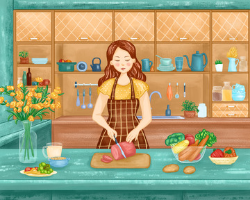秋香色插画卡通厨房里做饭的女人霜降手绘图