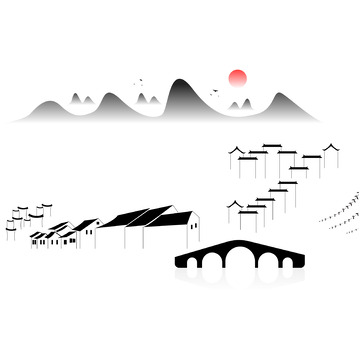 水墨徽派山水古桥江南建筑矢量元素