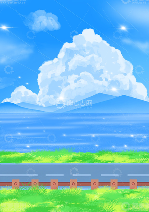 源文件下载【趣麦麦图】蓝色小清新夏天手绘插画背景