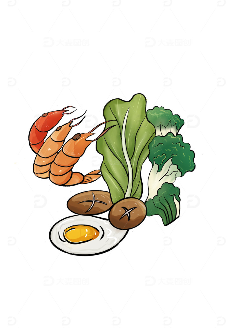 源文件下载【趣麦麦图】美食元素配菜虾青菜香菇西蓝花煎蛋