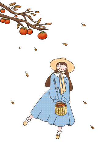 长裙女孩霜降二十节气柿子秋收落叶秋季插画