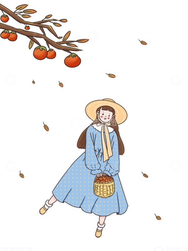 源文件下载【趣麦麦图】长裙女孩霜降二十节气柿子秋收落叶秋季插画