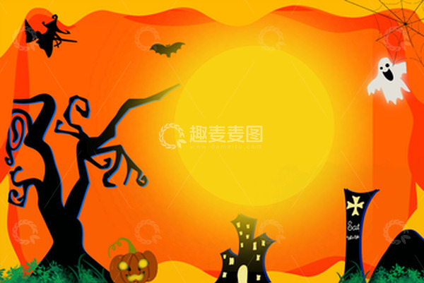 源文件下载【趣麦麦图】橙色万圣节墓碑骷髅鬼魂蝙蝠女巫背景图