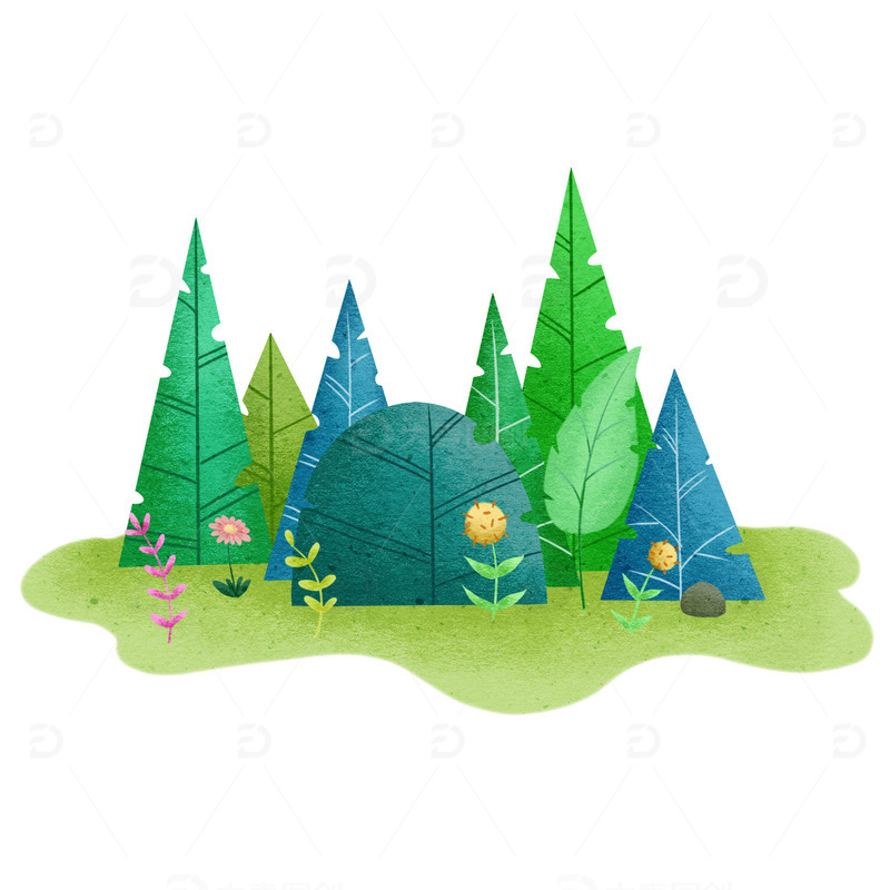 绿色小清新春天小树丛手绘插画