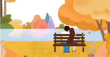 黄色扁平风公园长椅情侣赏秋图