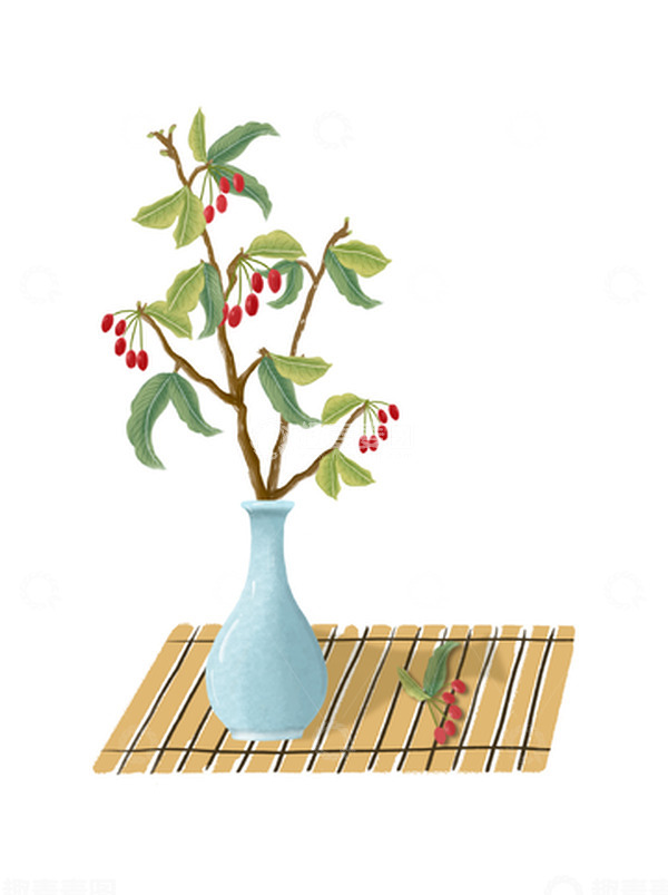 源文件下载【趣麦麦图】重阳节茱萸花枝插花花瓶植物装饰重阳节手绘