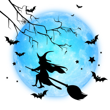 蓝色月亮万圣节魔女扫帚蝙蝠暗黑系恐怖插画