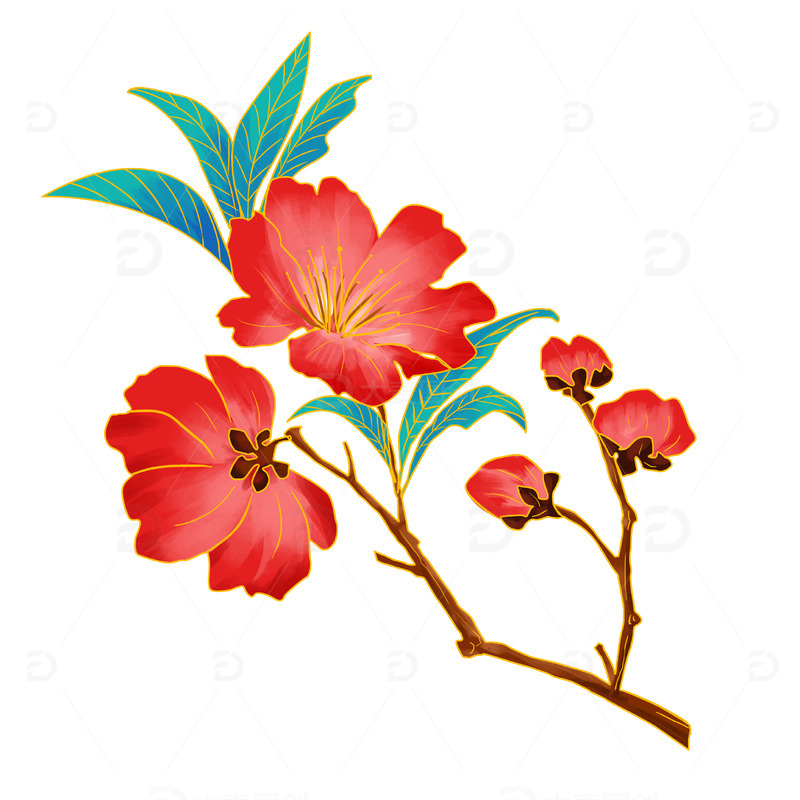 源文件下载【趣麦麦图】-红色国潮风花朵手绘图