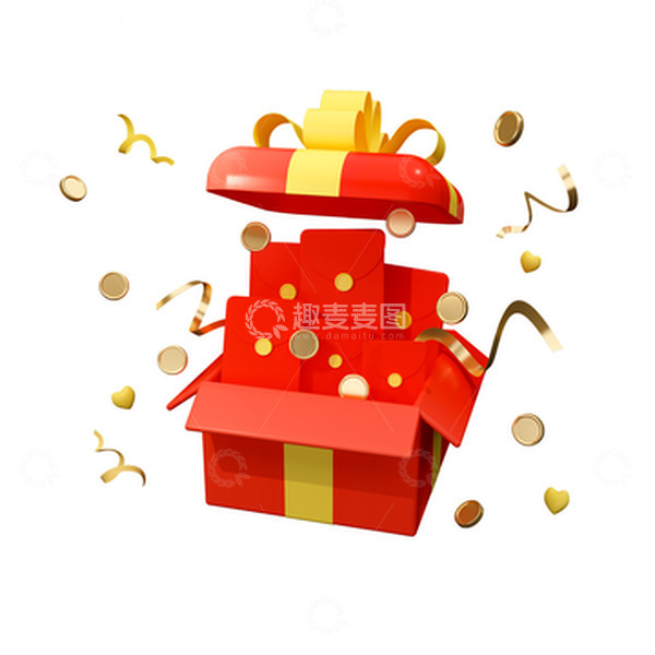 源文件下载【趣麦麦图】红色3D立体元旦节日红包金币礼盒元素图