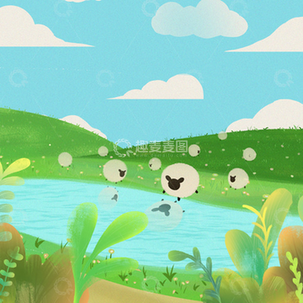 源文件下载【趣麦麦图】绿色小清新草原手绘插画