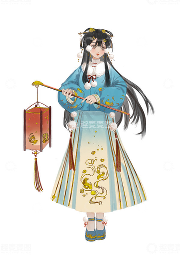 源文件下载【趣麦麦图】古风提灯笼的少女元旦手绘图