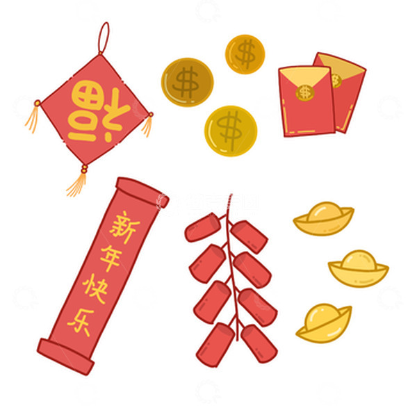 源文件下载【趣麦麦图】红色福字金币红包横幅鞭炮金元宝元素