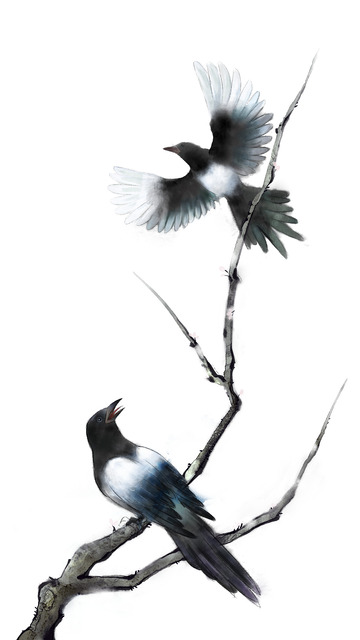 蓝灰色水墨国风树上的鸟儿成双对手绘图