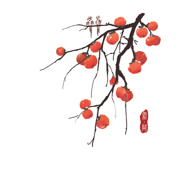 红色霜降柿子手绘元素