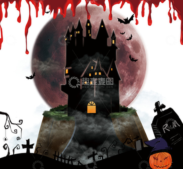 源文件下载【趣麦麦图】万圣节血月古堡蝙蝠恐怖氛围元素