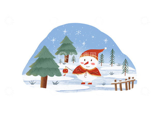 源文件下载【趣麦麦图】-冬季雪人梅花雪地提灯笼松树元旦节庆插画