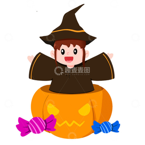 源文件下载【趣麦麦图】万圣节在南瓜头里送糖的女巫创意免抠元素