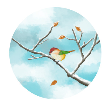 淡蓝色手绘霜降落叶小鸟枯枝