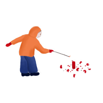 橙色红色蓝色人物烟花爆竹元旦新年手绘