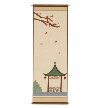 中式古风国潮梅花凉亭假山灯笼落花仿古画