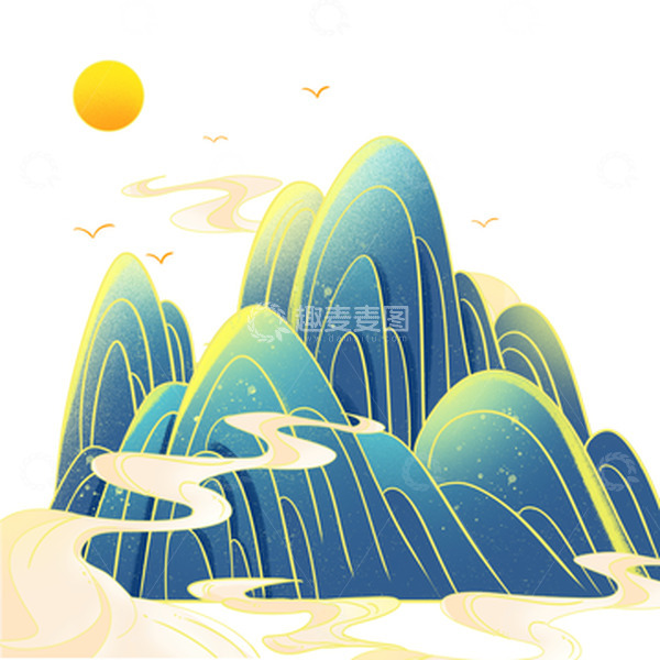 源文件下载【趣麦麦图】国潮山水描线祥云