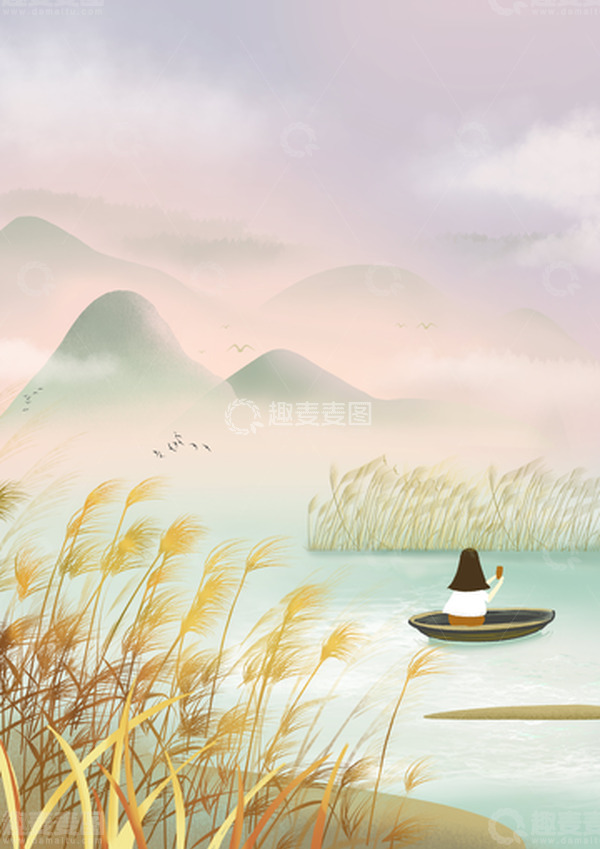 源文件下载【趣麦麦图】绿色梦幻清新手绘芦苇丛霜降背景图