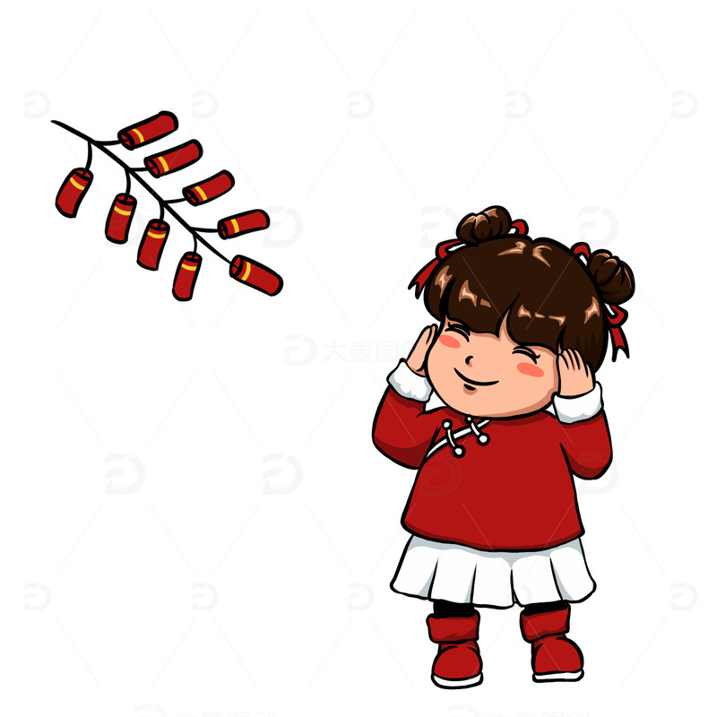 放鞭炮捂耳朵的小女孩新年插画元素