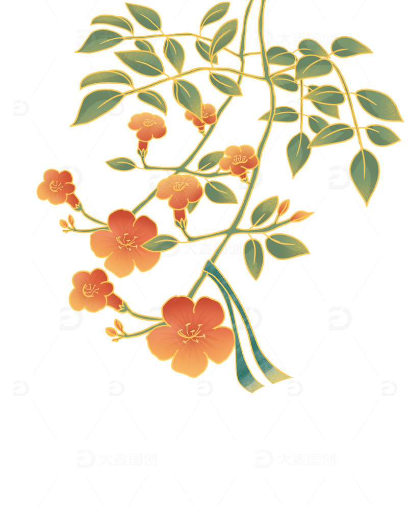 源文件下载【趣麦麦图】国潮中式国风朱砂凌霄花翠绿渐变祈福带花卉