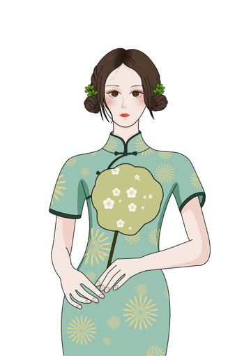 绿色清新国潮人物旗袍插画