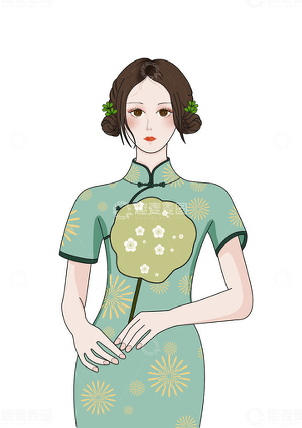源文件下载【趣麦麦图】绿色清新国潮人物旗袍插画