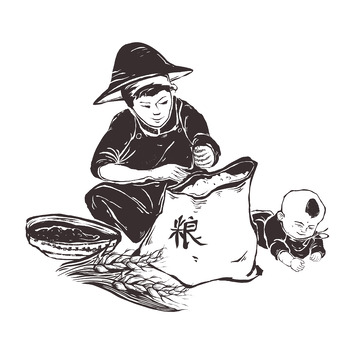 黑白版画节约粮食农民稻谷小孩麦穗簸箕