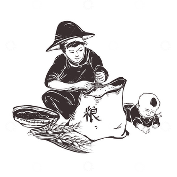 源文件下载【趣麦麦图】-黑白版画节约粮食农民稻谷小孩麦穗簸箕