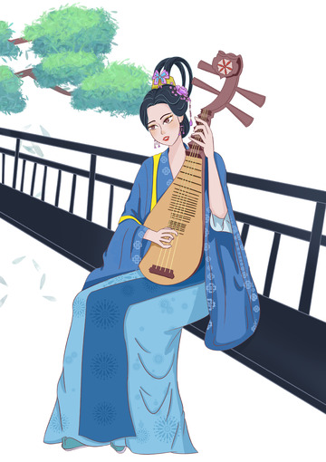 蓝色国风琵琶歌女手绘插画图