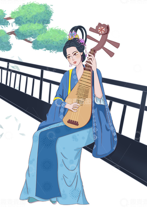 源文件下载【趣麦麦图】-蓝色国风琵琶歌女手绘插画图