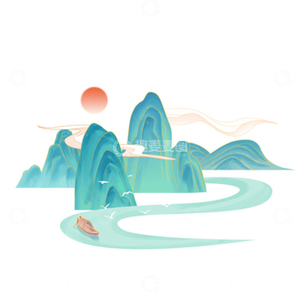 源文件下载【趣麦麦图】青绿国潮山水手绘图