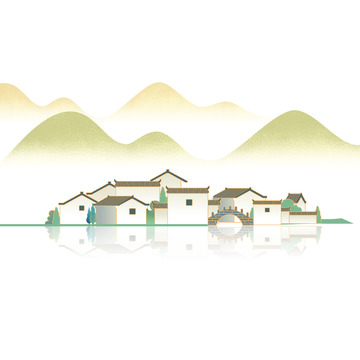 青绿色国潮风江南水乡手绘图